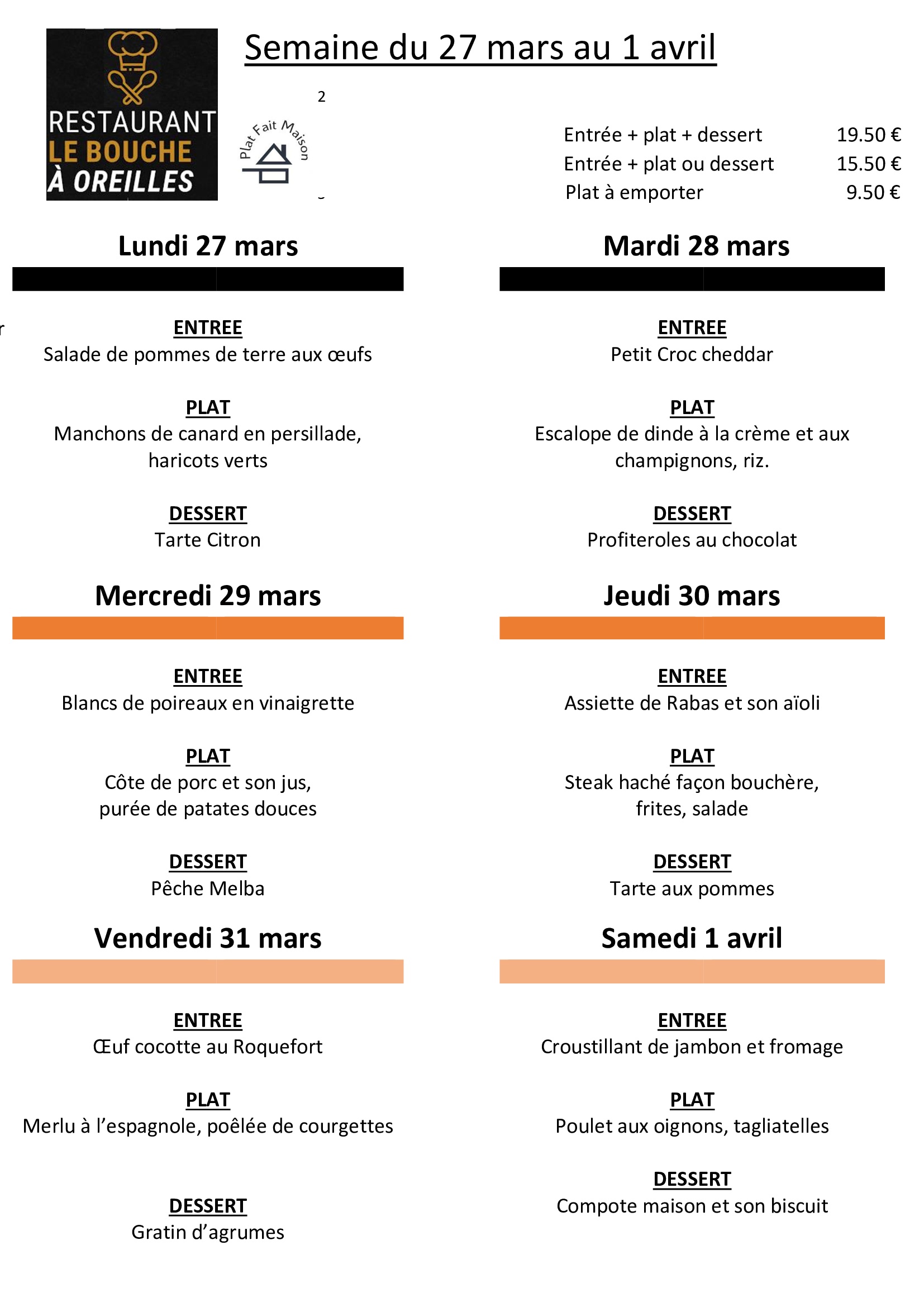 De Bouche à Oreille Menu