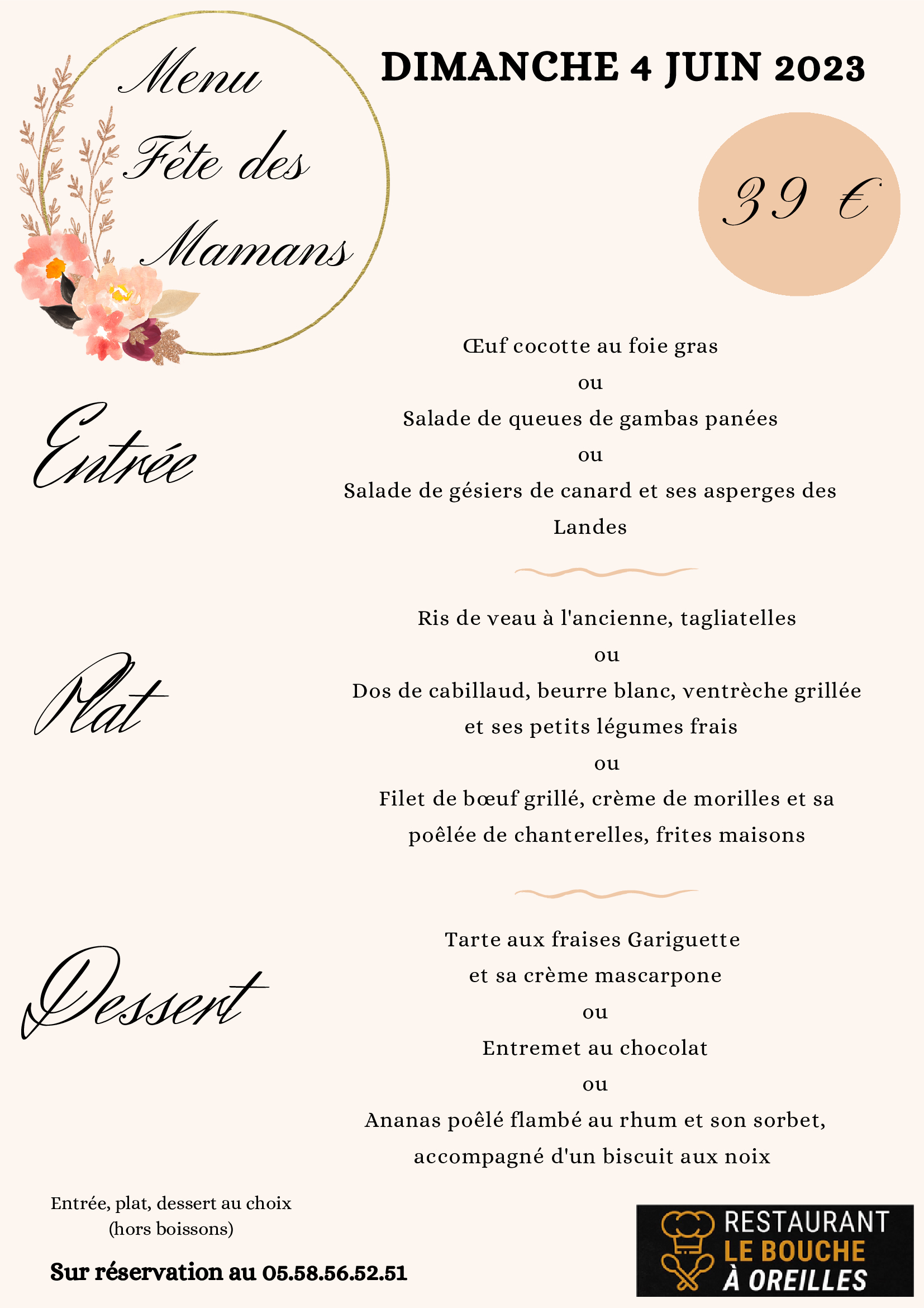Menu de la fête des mères Espace Thermal